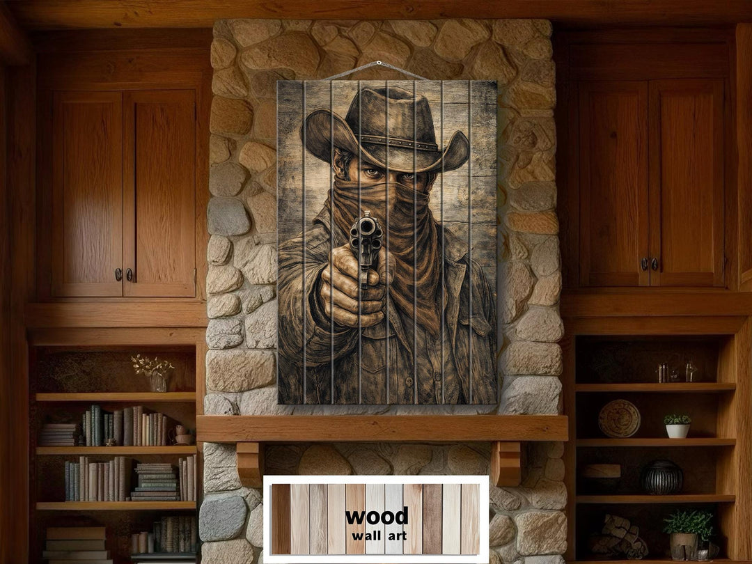 Distressed wood wall art featuring a cowboy outlaw portrait with a revolver in a rustic room.