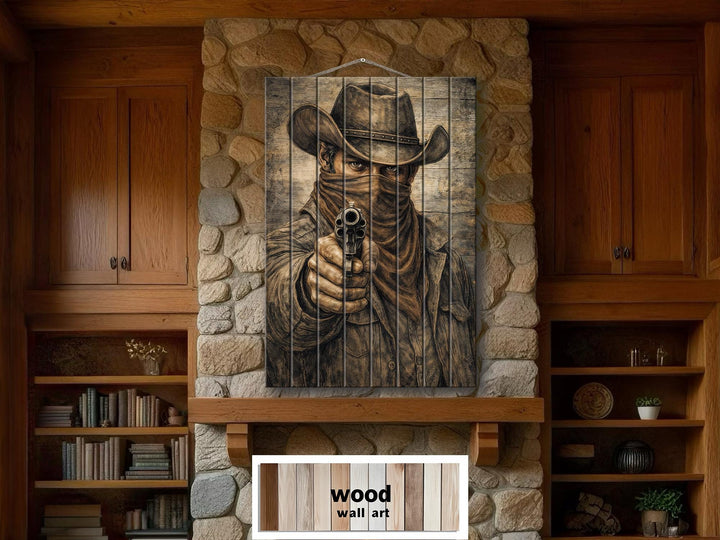 Distressed wood wall art featuring a cowboy outlaw portrait with a revolver in a rustic room.