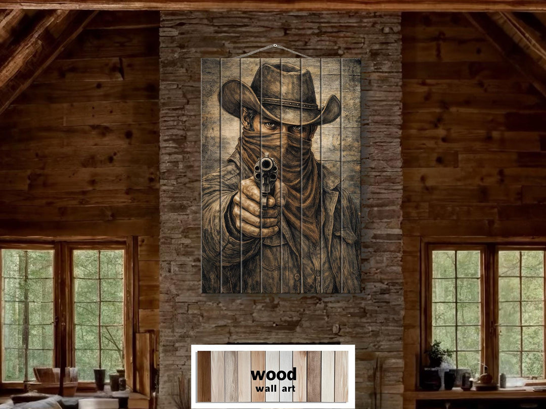 Rustic wood wall art featuring a sepia-toned portrait of a cowboy holding a revolver.