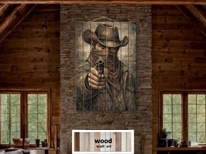 Rustic wood wall art featuring a sepia-toned portrait of a cowboy holding a revolver.