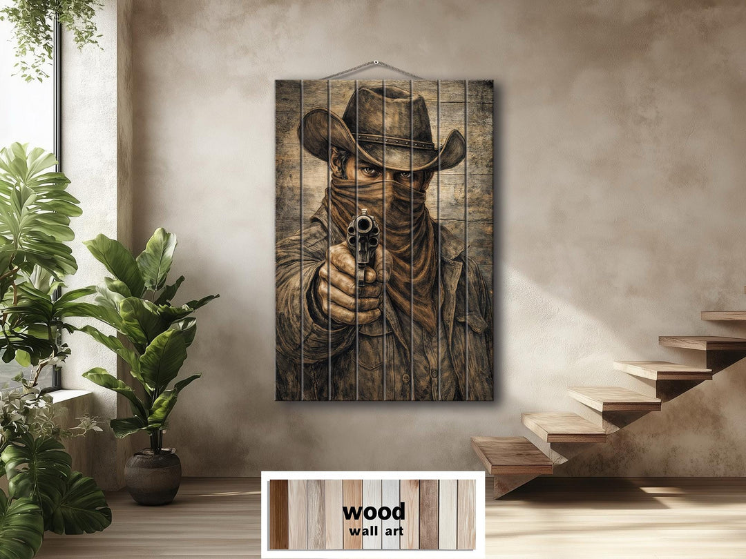 A rustic wood wall art piece featuring a sepia-toned portrait of a cowboy holding a revolver.