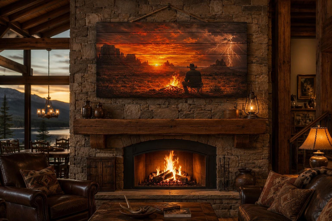 Cowboy with campfire in desert at sunset wood wall art hanging above a stone fireplace in a lodge.