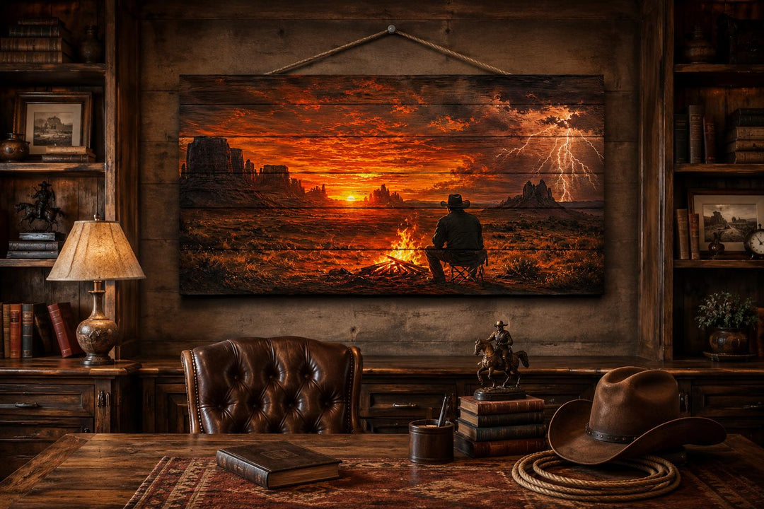 Cowboy at campfire wood wall art in a rustic office with a desk, hat, and leather chair.