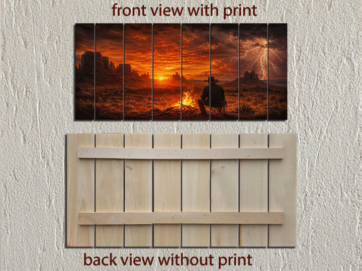 Cowboy campfire desert sunset wood wall art shown from front and back on a textured wall.