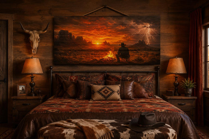Cowboy with campfire in desert at sunset wood wall art hanging above a bed in a rustic room.