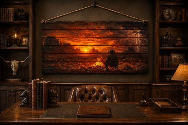 Cowboy campfire wood wall art in a rustic office with leather chair and western decor.