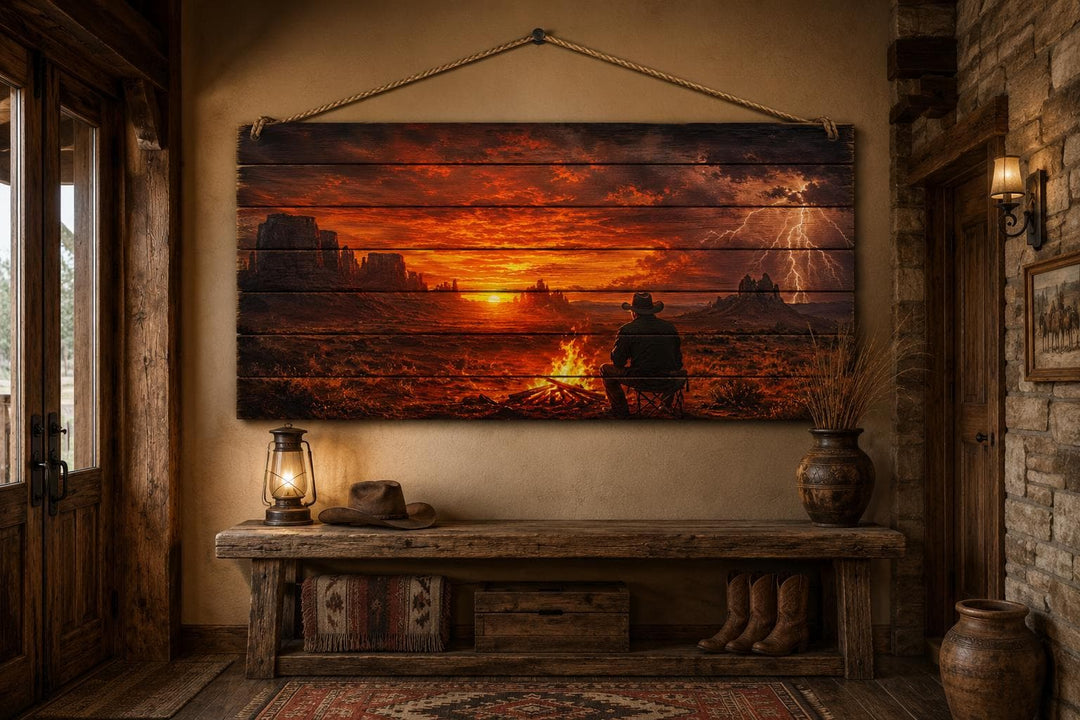 Cowboy with campfire in desert at sunset wood wall art hanging in a rustic lodge entryway.