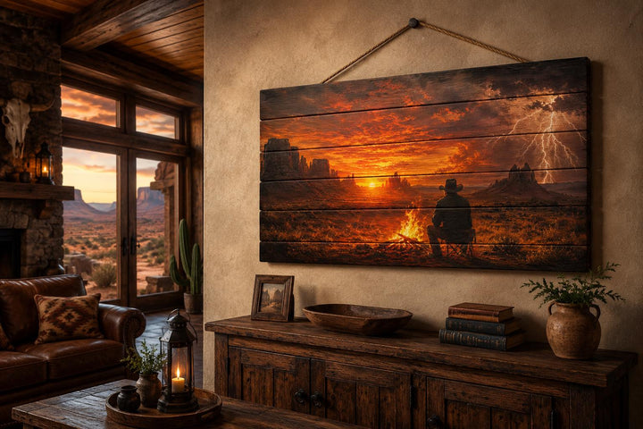Cowboy with campfire in desert at sunset wood wall art hanging in a rustic lodge living room.