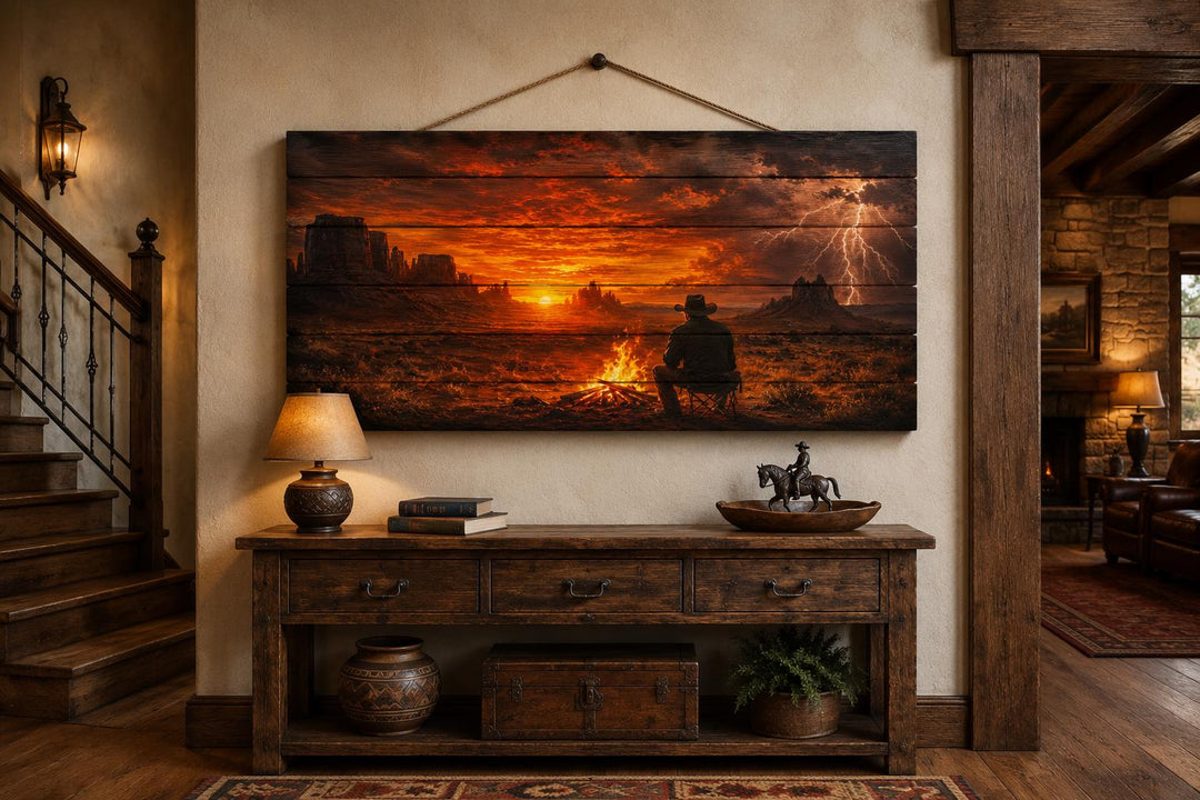 Cowboy with campfire in desert at sunset wood wall art hanging above a rustic wooden console table.