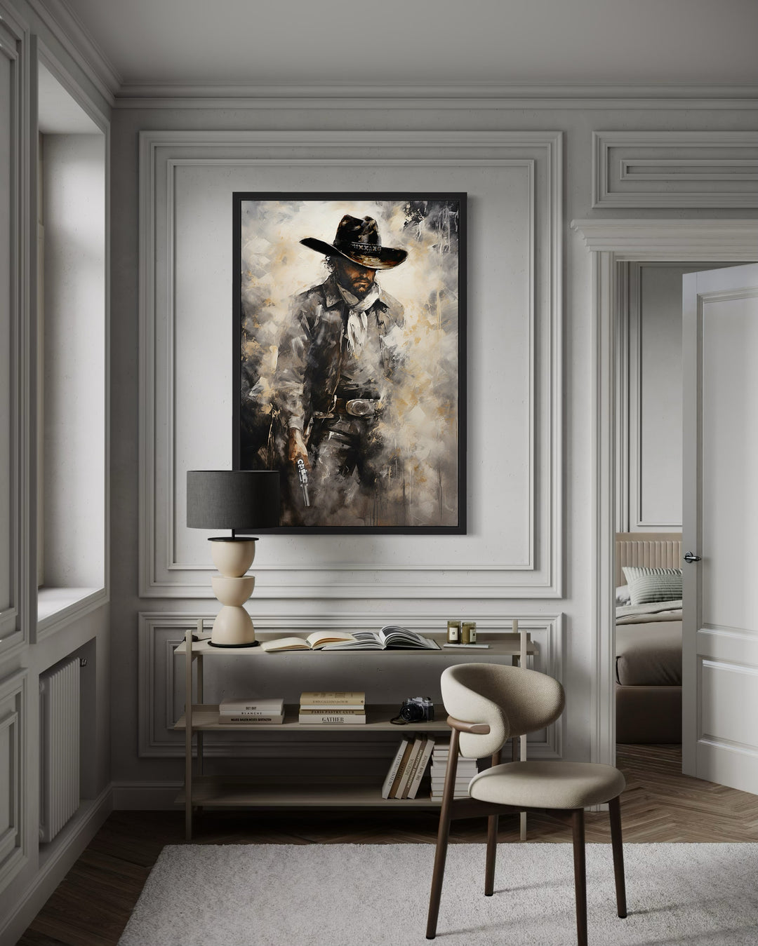 Framed canvas wall art of a cowboy with a gun.