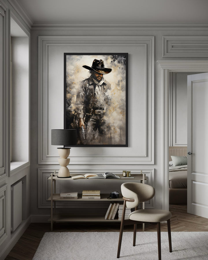 Framed canvas wall art of a cowboy with a gun.