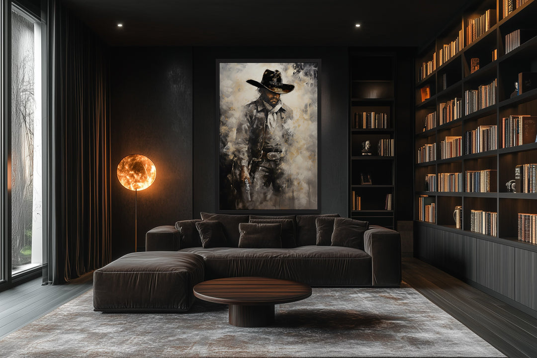 Framed canvas wall art of a cowboy with a gun.