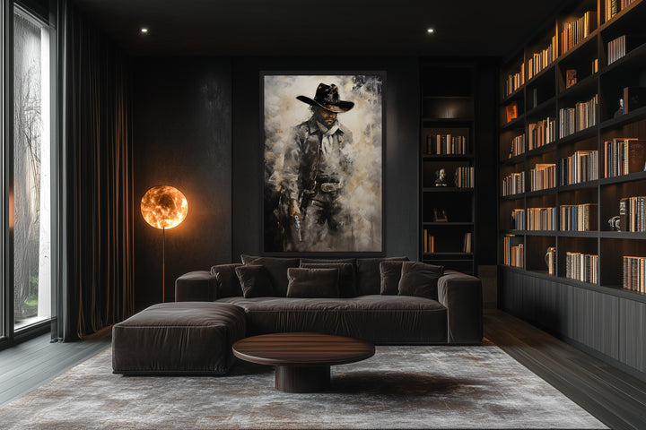 Framed canvas wall art of a cowboy with a gun.