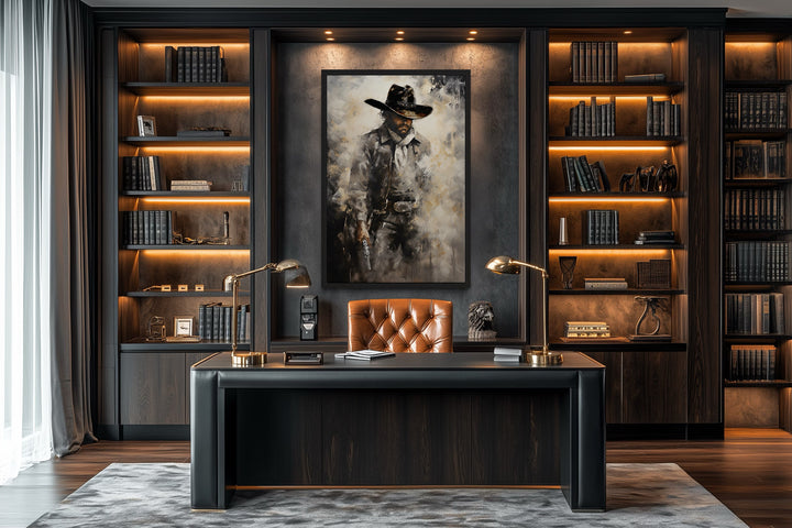 Framed painting of a cowboy with a gun.