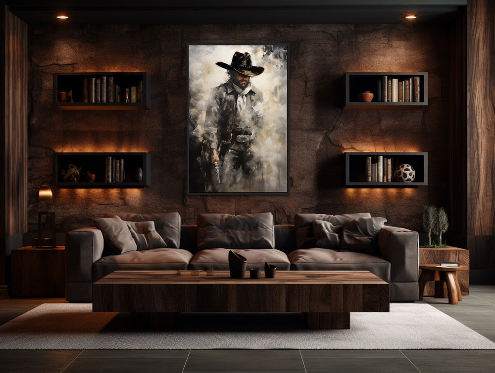 Framed canvas wall art of a cowboy with a gun.