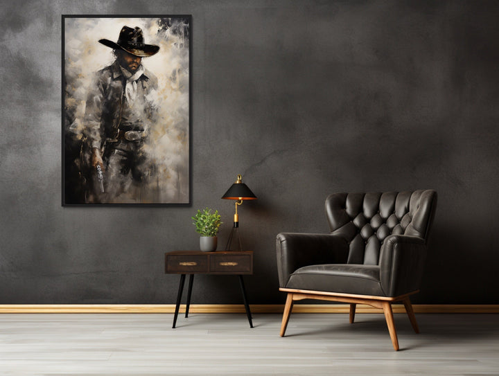 Framed canvas wall art of a cowboy holding a gun.