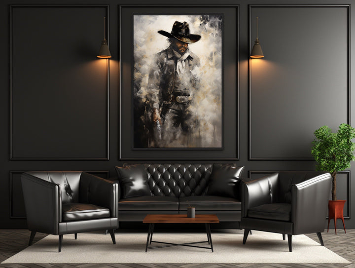 Framed canvas wall art of a cowboy holding a gun.