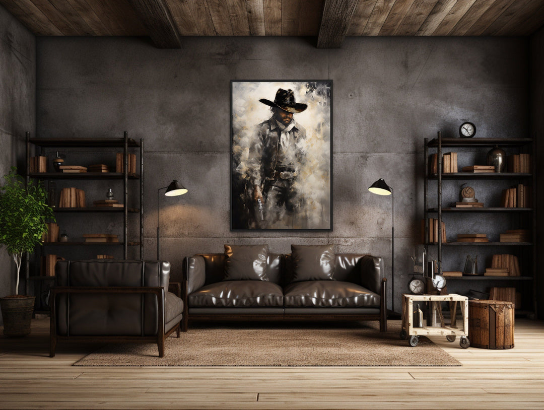 Framed canvas wall art of a cowboy with a gun.