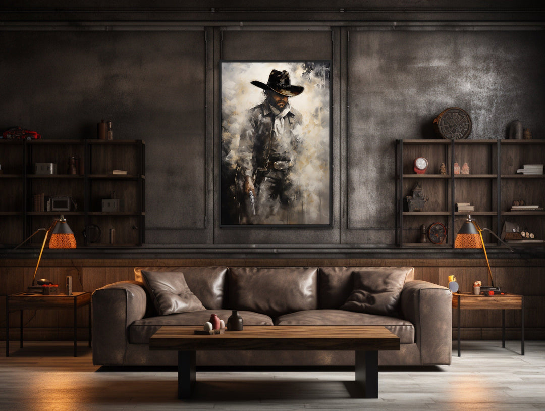 Framed canvas wall art of a cowboy holding a gun.