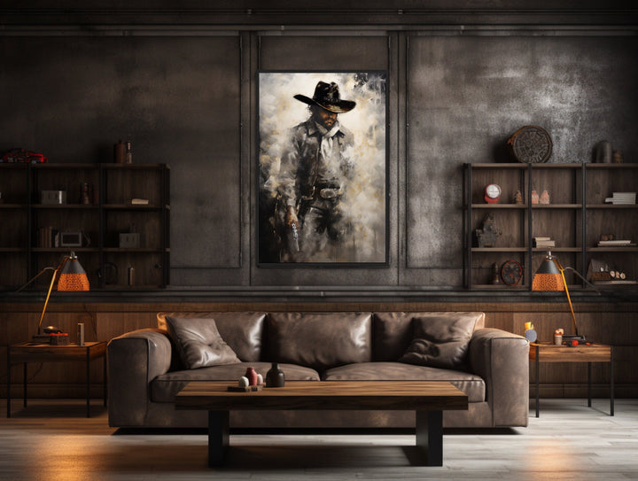 Framed canvas wall art of a cowboy holding a gun.