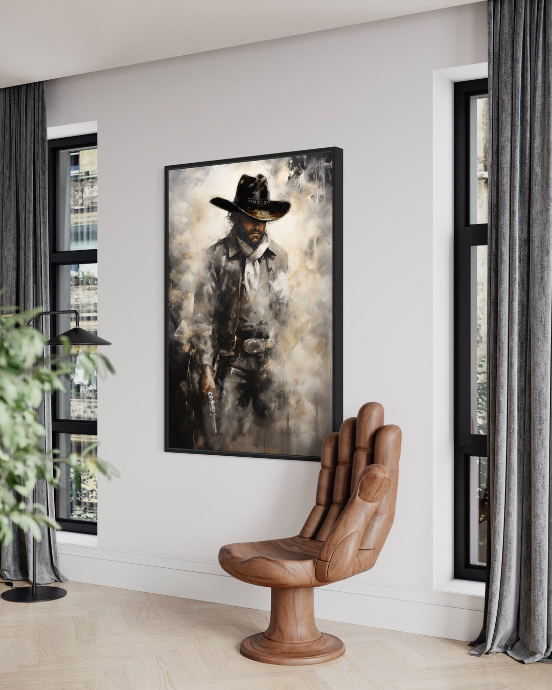 Framed canvas wall art of a cowboy with a gun.