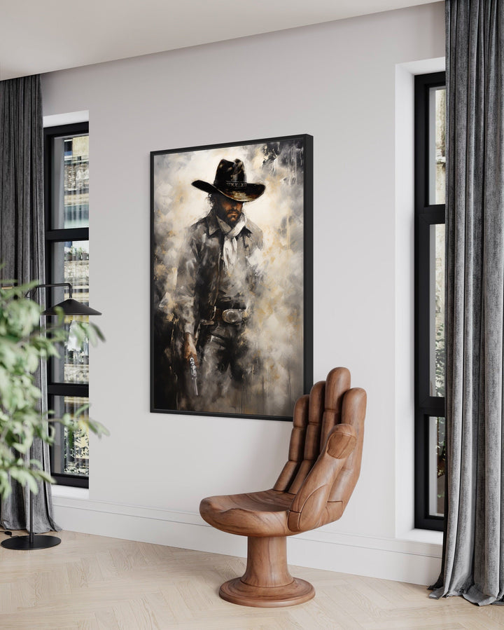 Framed canvas wall art of a cowboy with a gun.