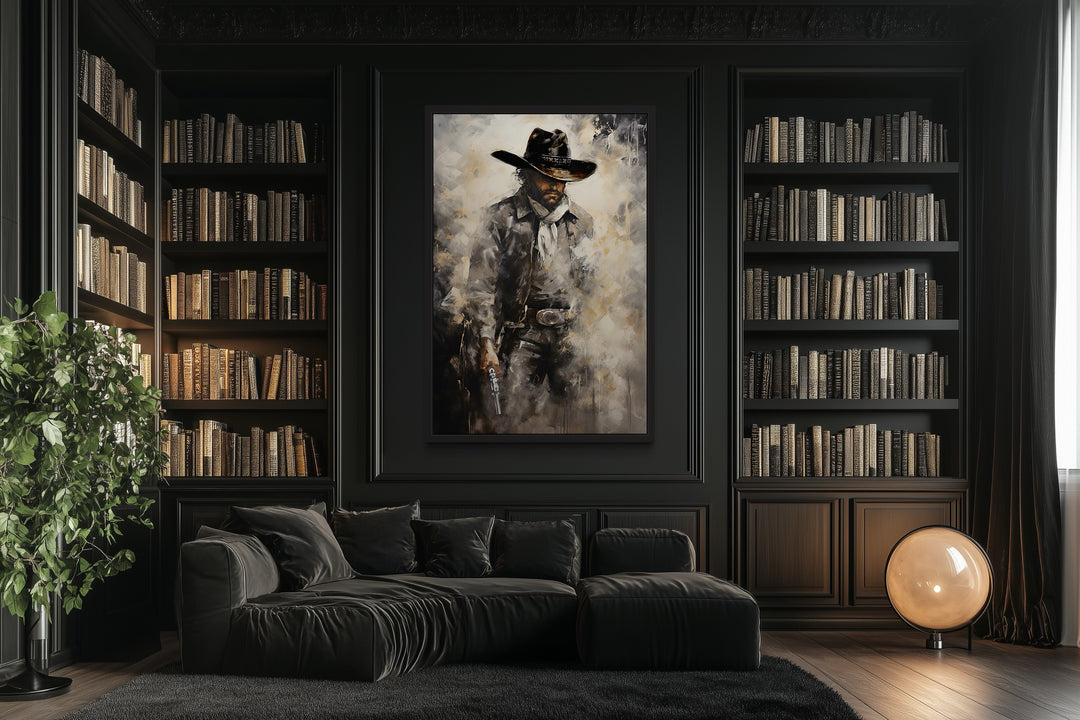 Framed cowboy with gun painting canvas wall art.