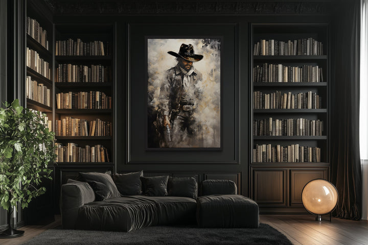 Framed cowboy with gun painting canvas wall art.