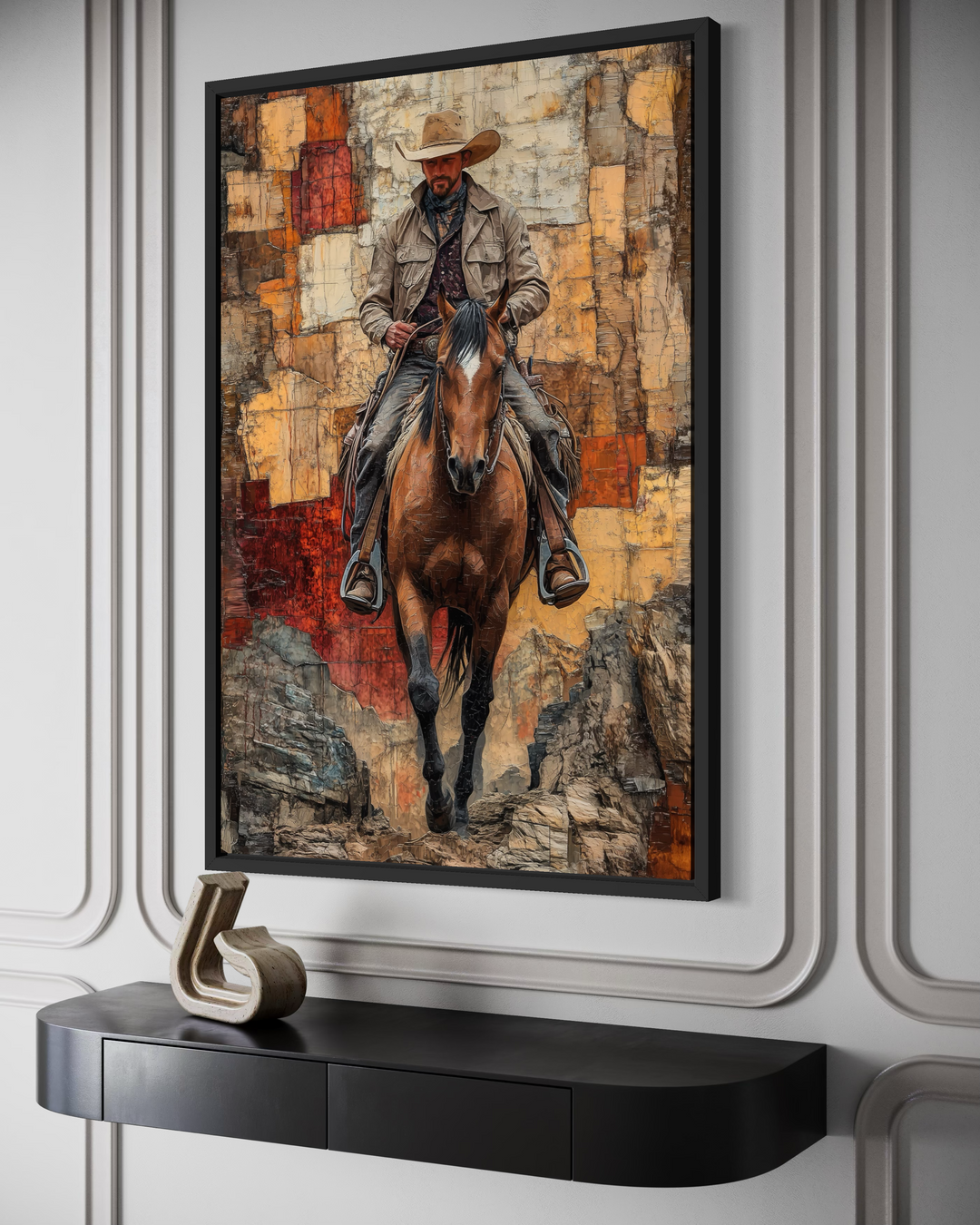 Vertical canvas wall art featuring a cowboy on horseback in a textured, rustic painting style.