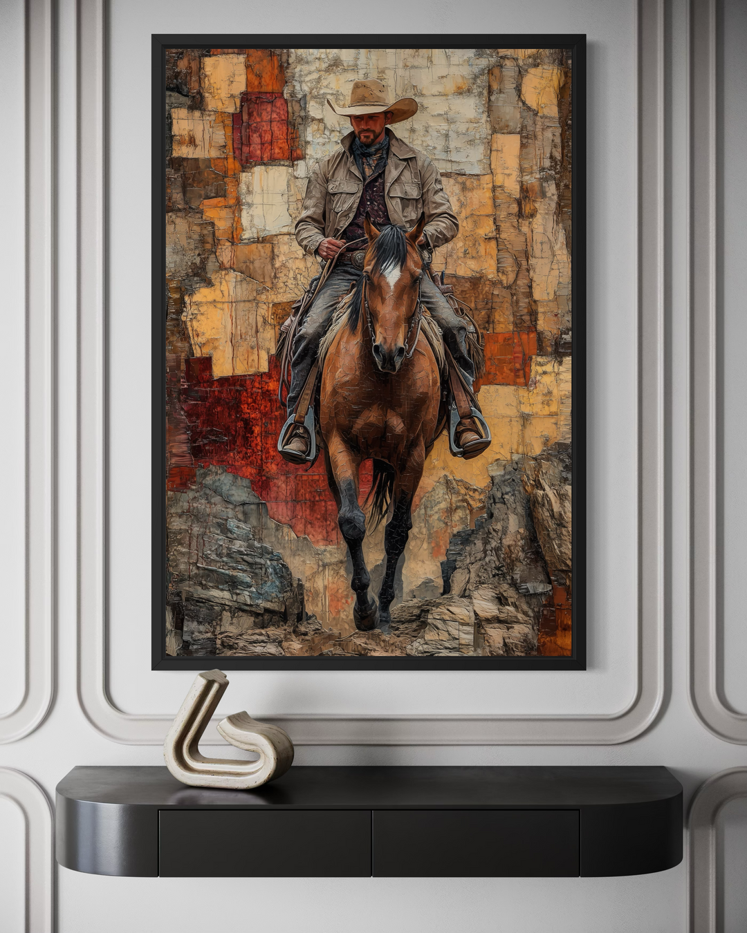 Vertical canvas wall art featuring a cowboy riding a horse in a textured, abstract western style.