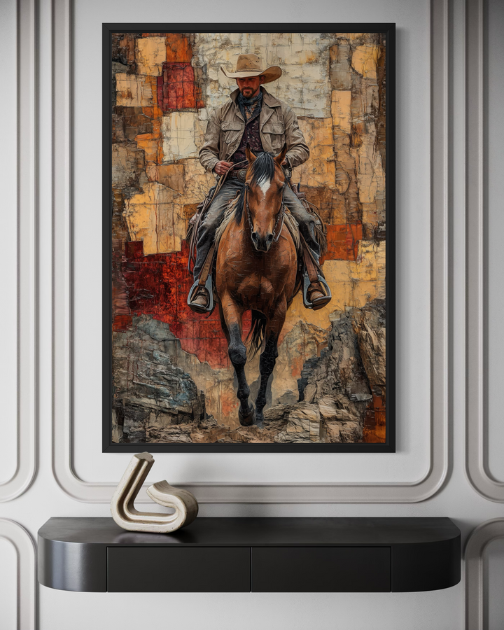 Vertical canvas wall art featuring a cowboy riding a horse in a textured, abstract western style.