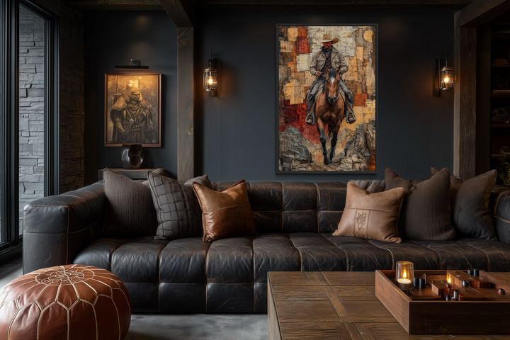 Vertical canvas wall art featuring a cowboy on horseback in a rustic, textured western style.