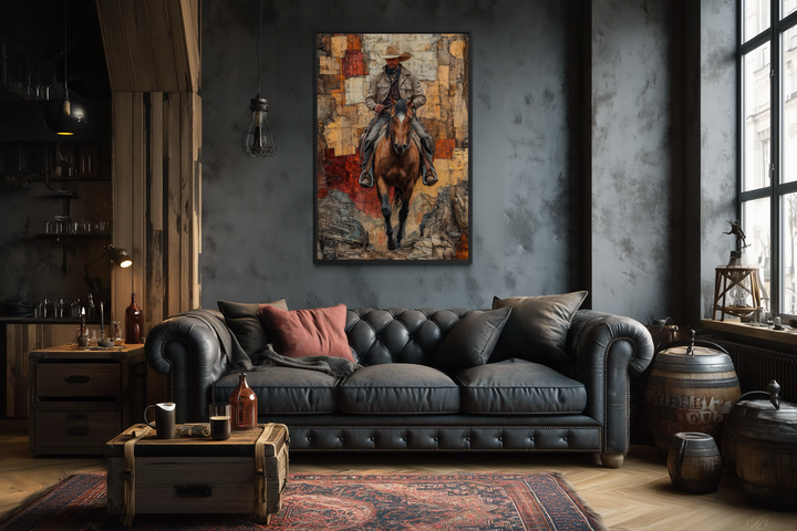 Vertical western canvas wall art featuring a cowboy on horseback in a rustic, dark-toned living room.