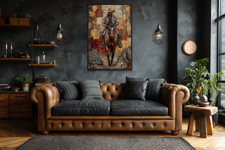 Vertical western canvas wall art featuring a cowboy on horseback in a rustic, textured style.
