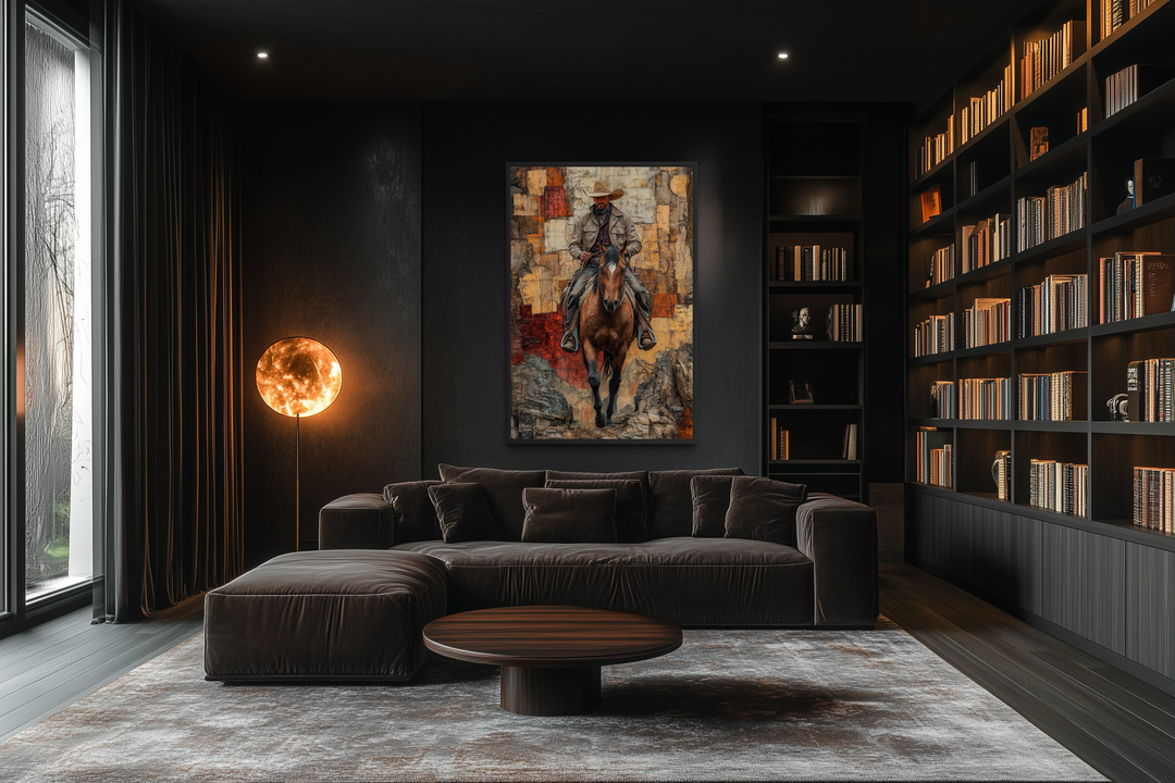 Vertical canvas wall art featuring a cowboy on horseback in a modern, dark-toned living room.
