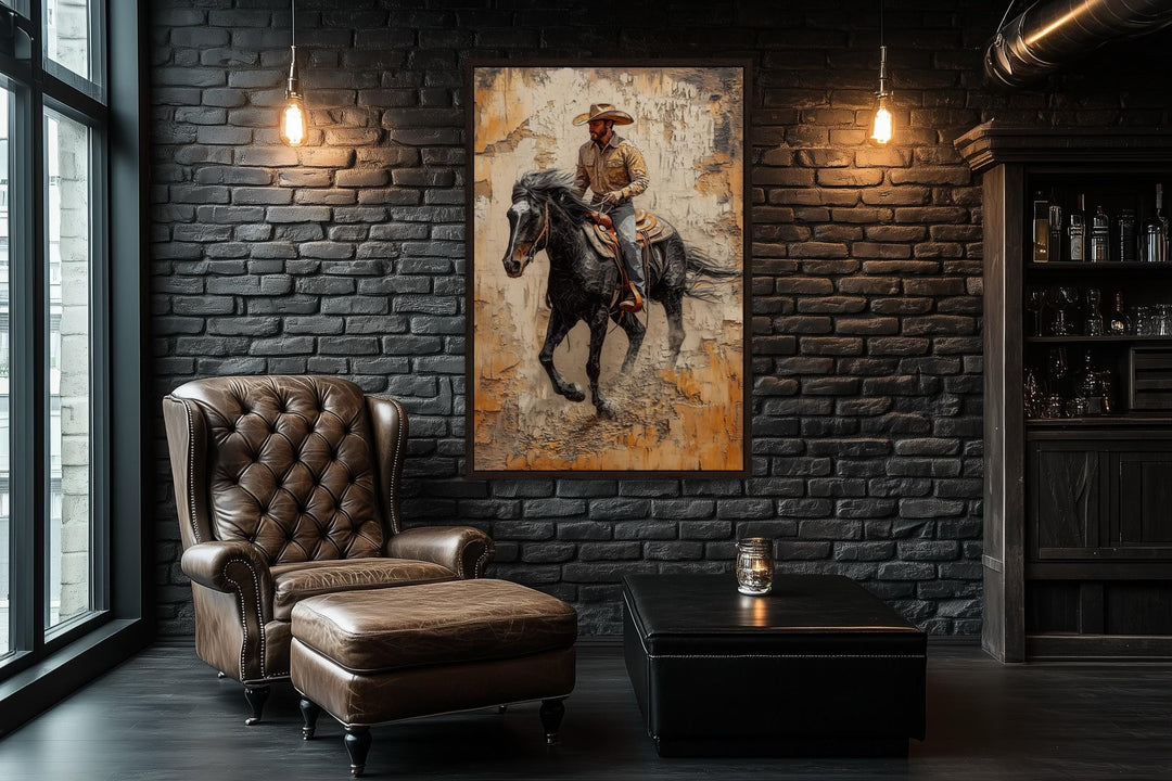 Cowboy on Horseback Western Rustic Canvas Wall Art