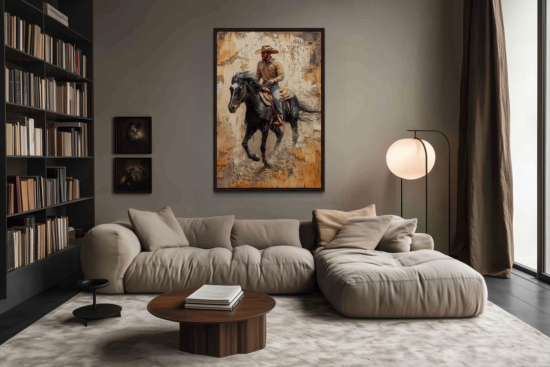 Cowboy on Horseback Western Rustic Canvas Wall Art