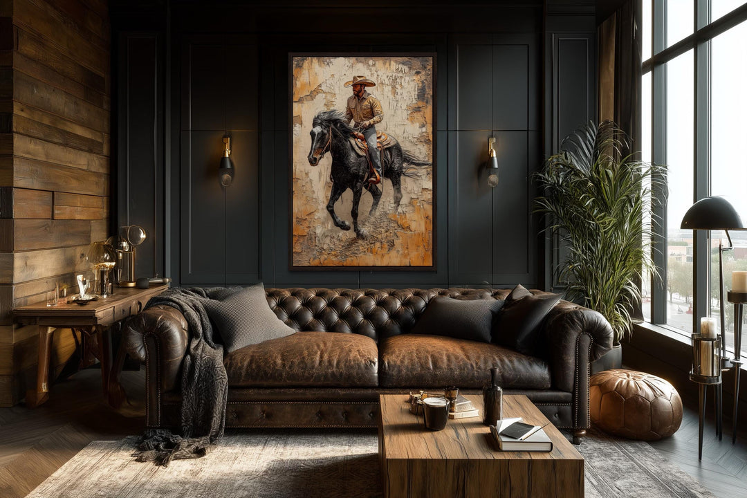 Cowboy on Horseback Western Rustic Canvas Wall Art
