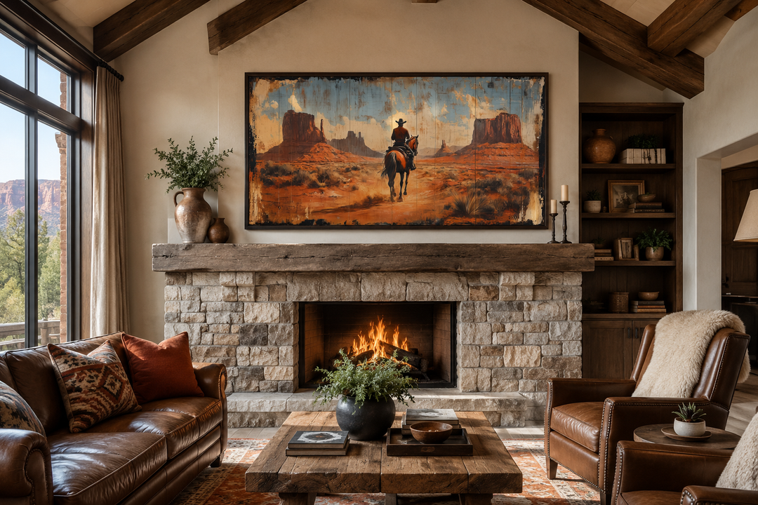 Cowboy riding a horse in Monument Valley framed canvas wall art above a stone fireplace.
