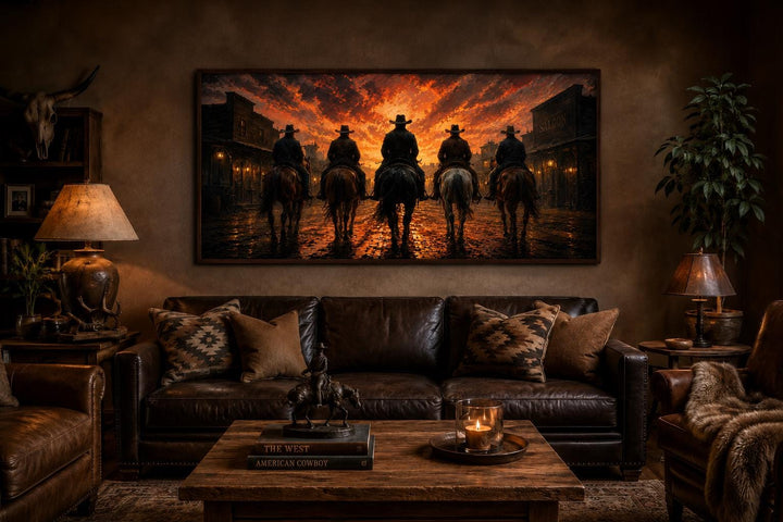 Cowboys riding into an old west town at sunset canvas print displayed in a rustic living room.