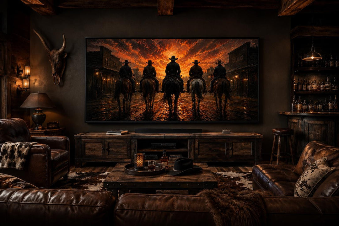 Cowboys riding into an old west town at sunset canvas print in a rustic man cave setting.
