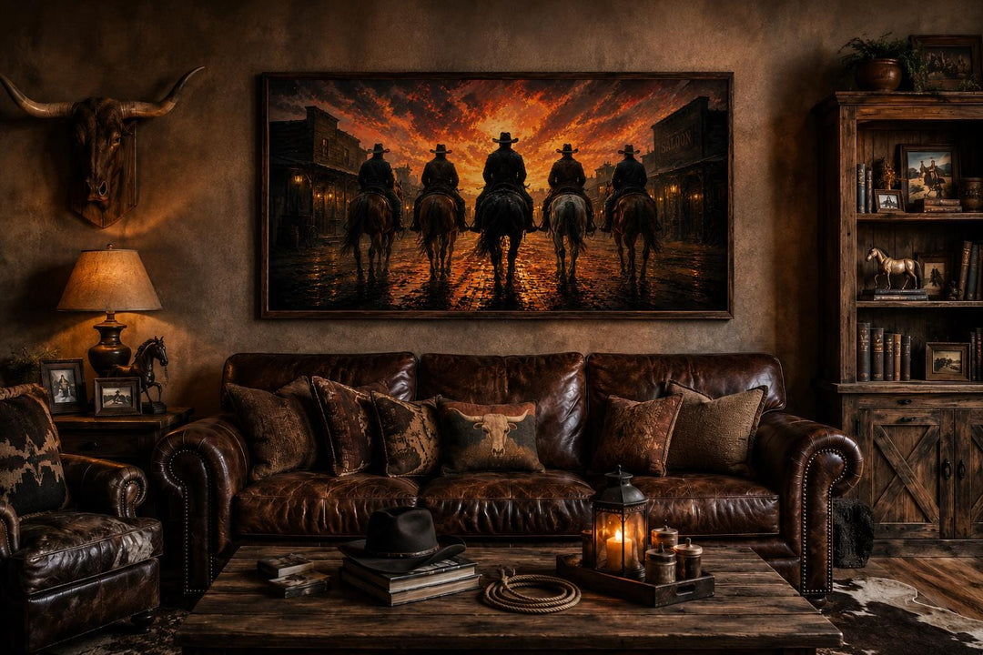 Cowboys riding into an old west town at sunset canvas print above a leather sofa in a rustic room.