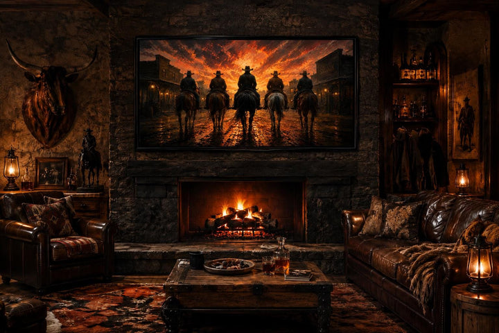 Cowboys riding into an old west town at sunset canvas print above a fireplace in a rustic room.