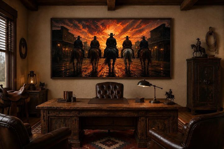 Cowboys riding into an old west town at sunset canvas print in a rustic office setting.