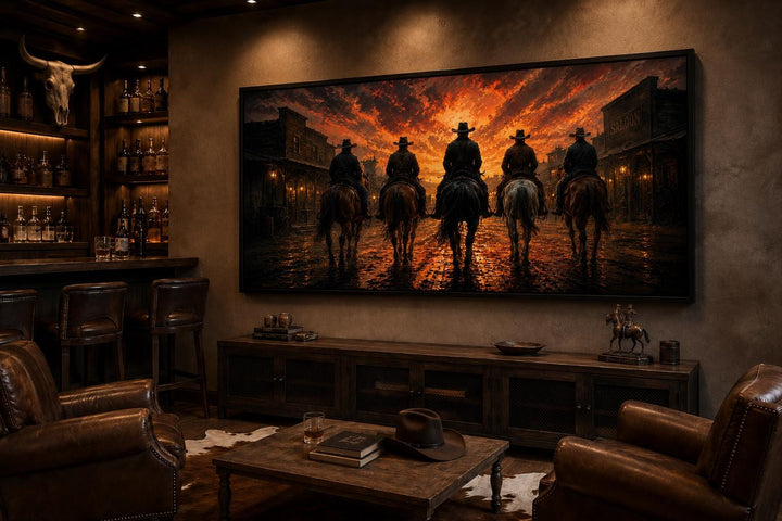 Cowboys riding into an old west town at sunset canvas print in a rustic man cave setting.