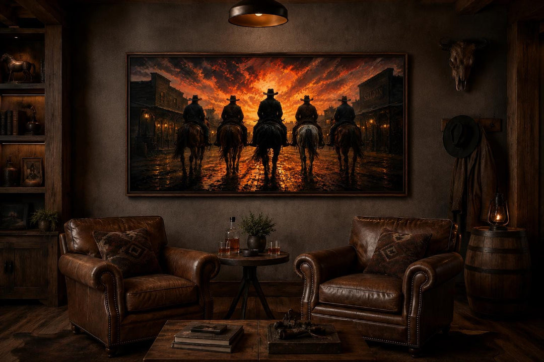 Cowboys riding into an Old West town at sunset canvas print in a rustic room with leather chairs.