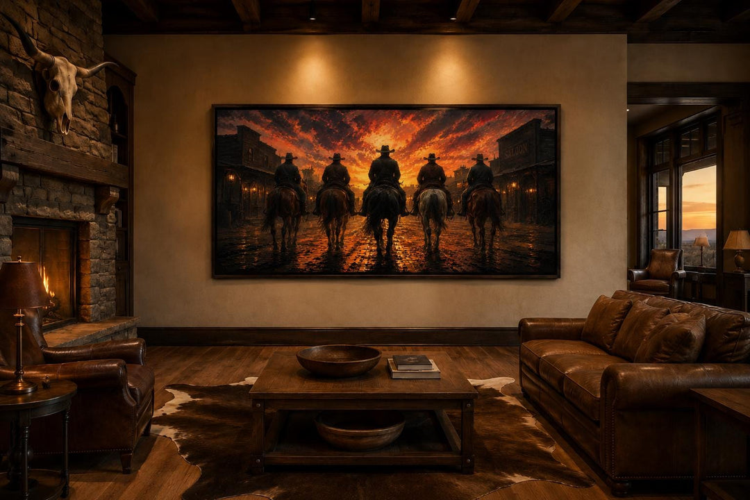 Cowboys riding into an old west town at sunset canvas print displayed in a rustic living room.
