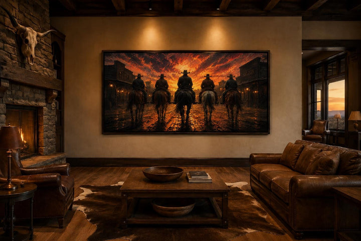 Cowboys riding into an old west town at sunset canvas print displayed in a rustic living room.