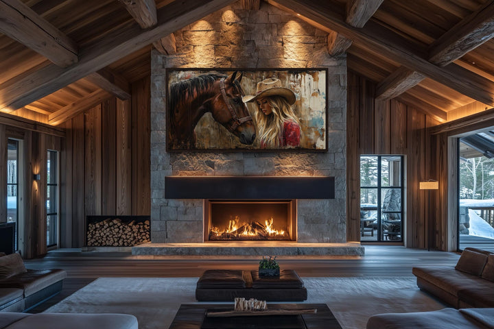 Cowgirl and horse graffiti framed canvas wall art above a fireplace in a rustic wood-beamed room.