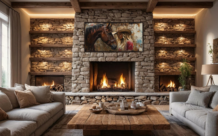 Cowgirl and horse graffiti framed canvas wall art above a stone fireplace in a rustic living room.